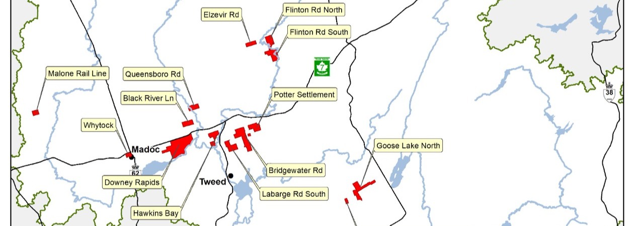 Map of Quinte Conservation's Commercial Forest Properties